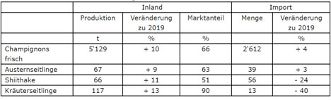 Tabelle: Marktzahlen Pilze Januar bis August 2020. Quelle: VSP