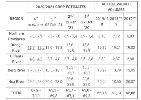 Tabelle 1 – 4. Ertragsschätzung für die Saison 2020/21 (Millionen 4,5 kg entsprechende Kartons). Foto © SATI