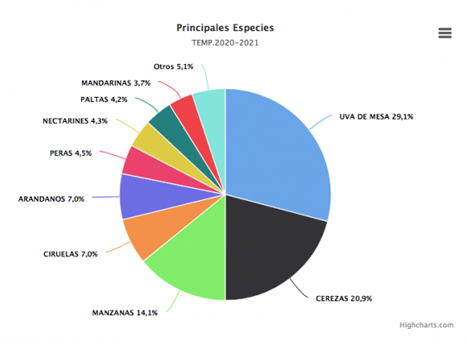 Grafik: Prozentanteil der Anteile jeder Frucht in der Gesamtmenge chilenischer Exporte in der Saison 2021  © ASOEX