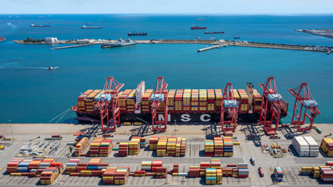 MSC Mia (gebaut 2019) mit 23.756 TEU in dem Hafen von Long Beach. Foto © MSC
