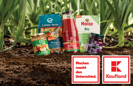 Demeter-Produkte, Kaufland-Logo und Logo „Machen macht den Unterschied“. Foto © Kaufland