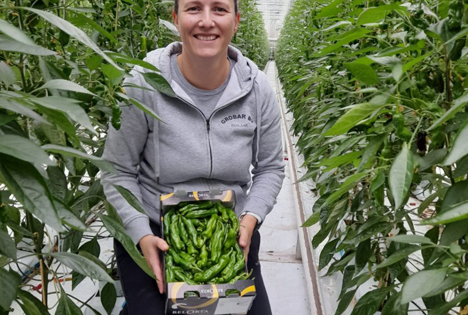 Elke Hendrickx mit die ersten Padrón-Paprikas. Foto © BelOrta